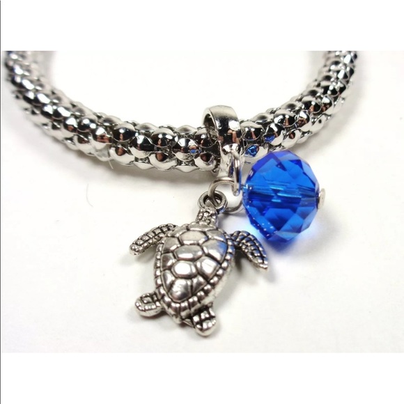 Silver Sea Turtle Blue Ball Stretch Charm Bracelet - Picture 1 of 1